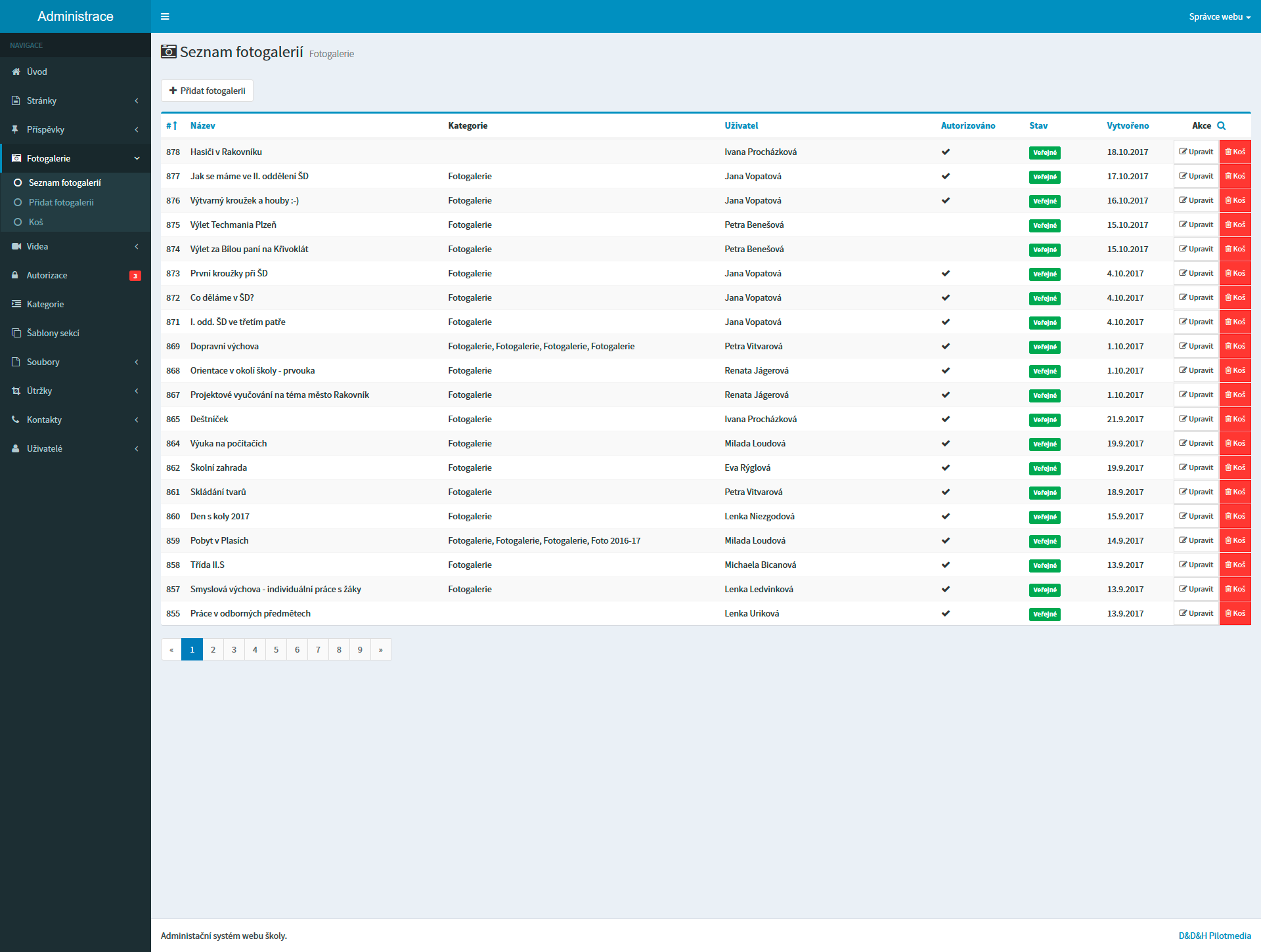 Náhled administrace - Přehled fotogalerií