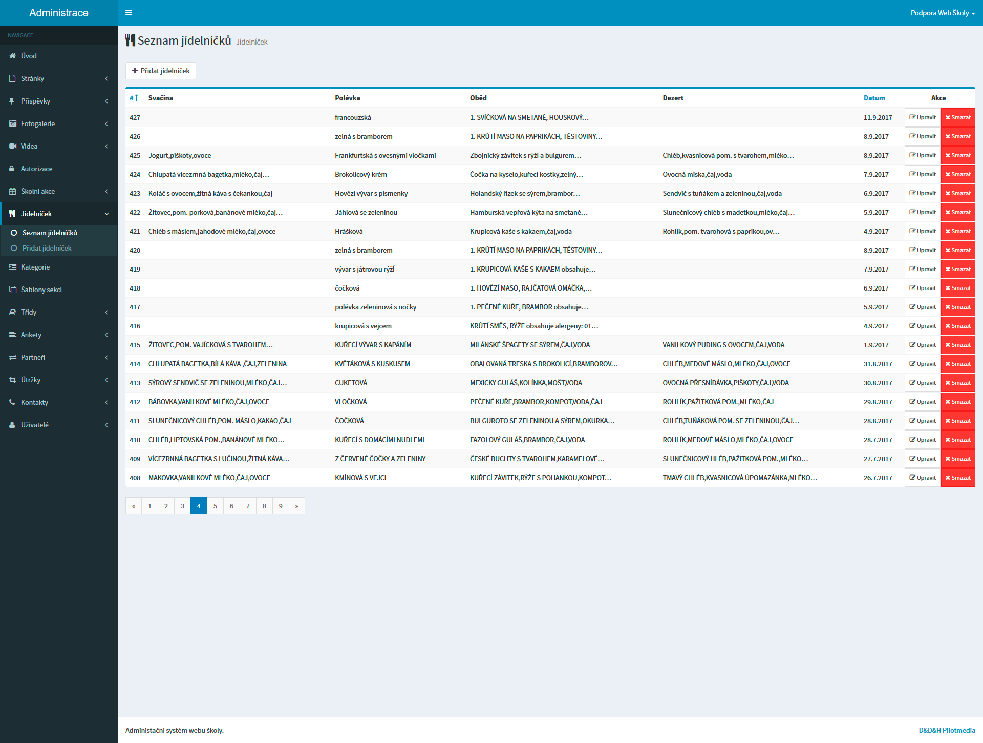 Náhled administrace - Seznam jídel